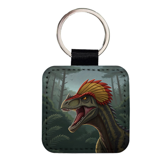 Roaring Dilophosaurus Dinosaur Scary Square Faux Leather Keychain
