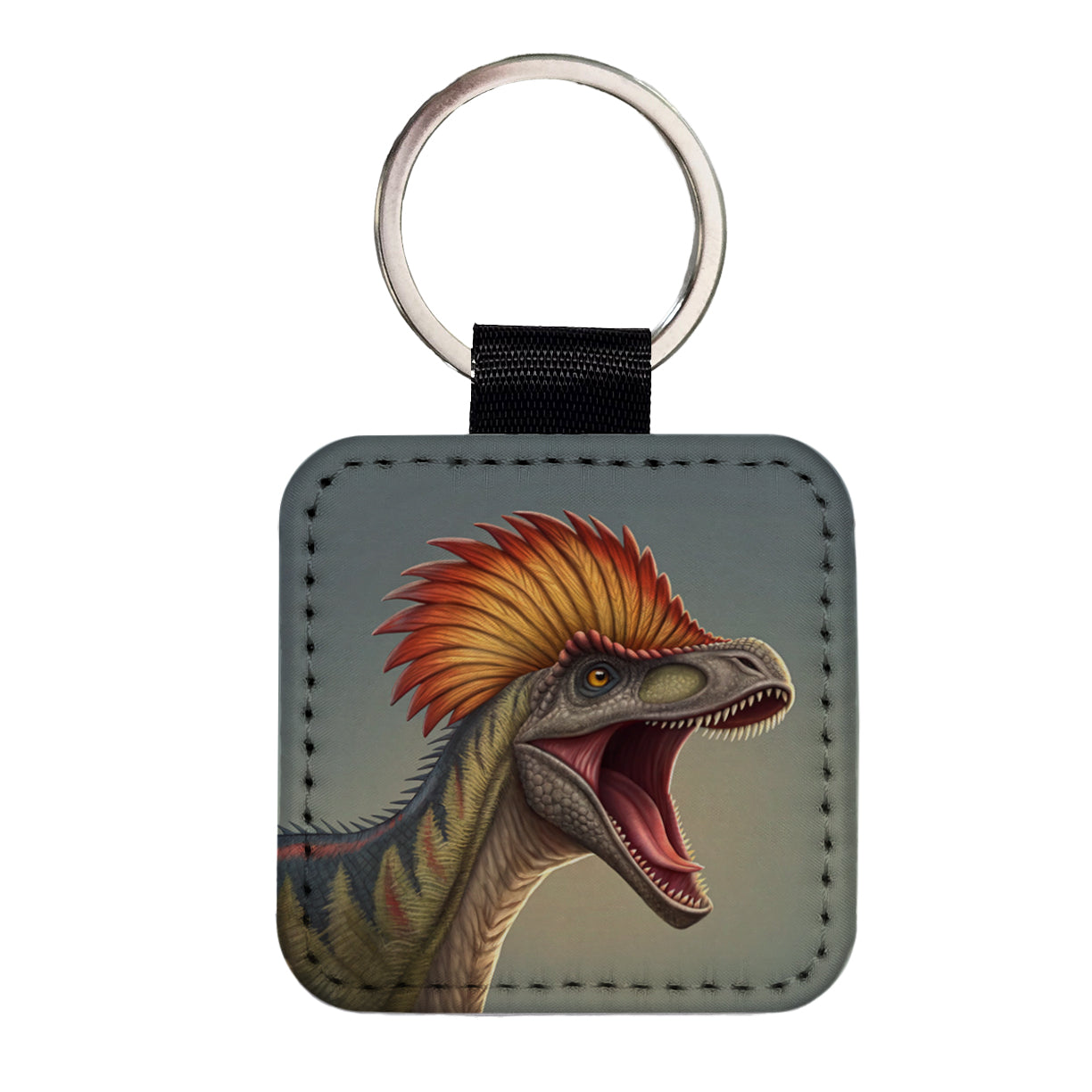 Roaring Dilophosaurus Dinosaur Square Faux Leather Keychain