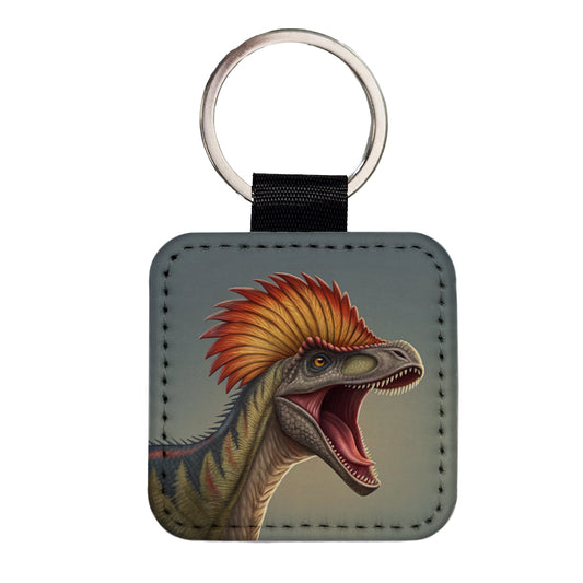 Roaring Dilophosaurus Dinosaur Square Faux Leather Keychain