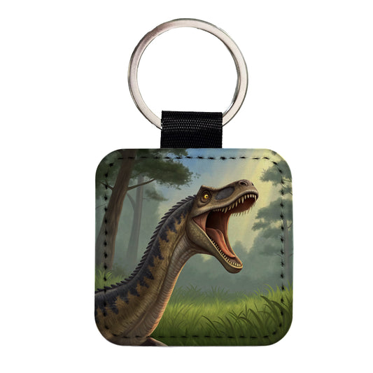 Roaring Diplodocus Dinosaur Forest Square Faux Leather Keychain