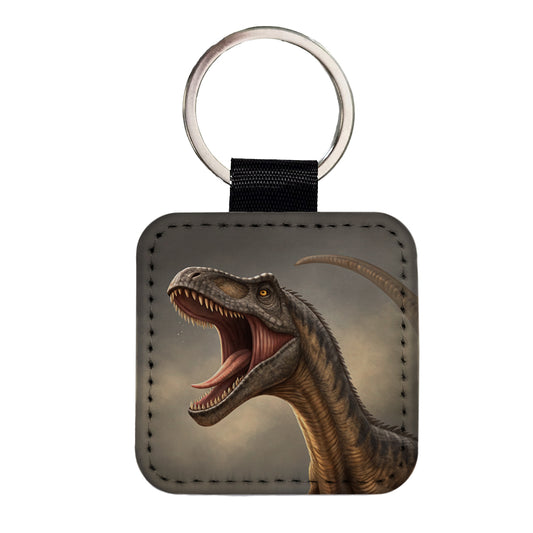 Roaring Diplodocus Dinosaur Square Faux Leather Keychain