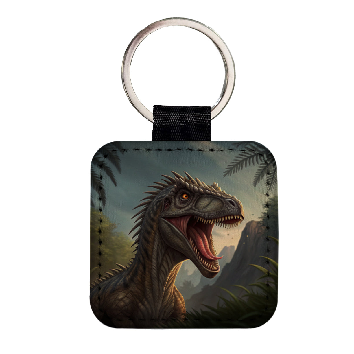 Roaring Eoraptor Dinosaur Scary Square Faux Leather Keychain