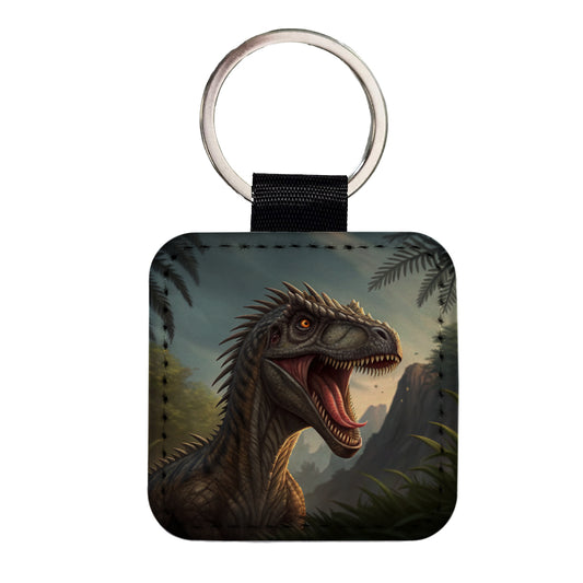 Roaring Eoraptor Dinosaur Scary Square Faux Leather Keychain