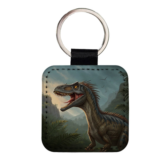 Roaring Eoraptor Dinosaur Square Faux Leather Keychain