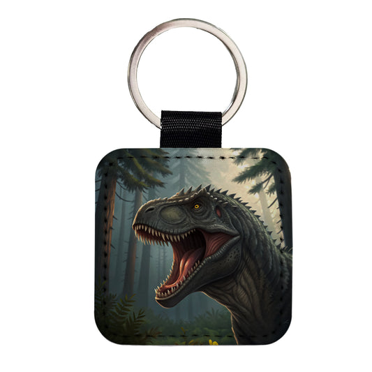 Roaring Giganotosaurus Dinosaur Square Faux Leather Keychain