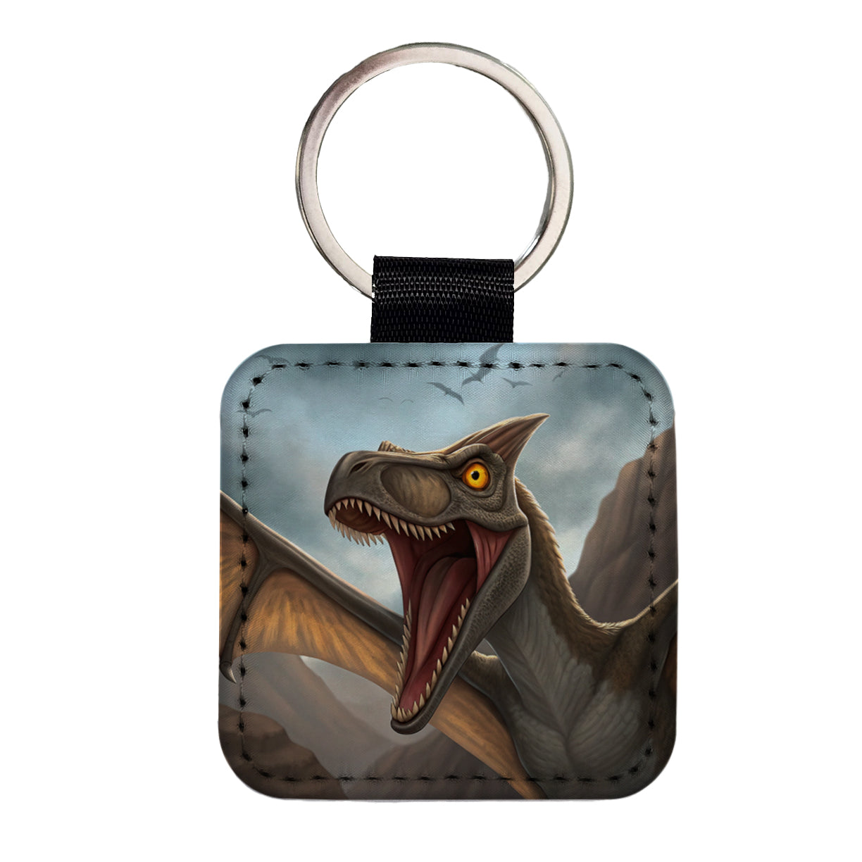 Roaring Pterodactylus Dinosaur Flying Square Faux Leather Keychain