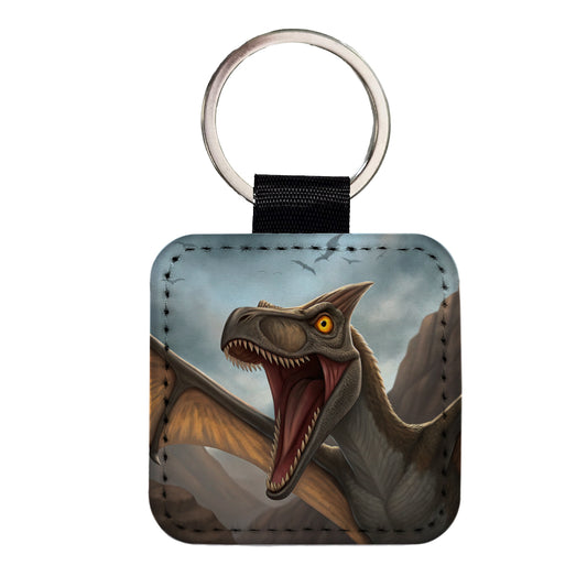 Roaring Pterodactylus Dinosaur Flying Square Faux Leather Keychain