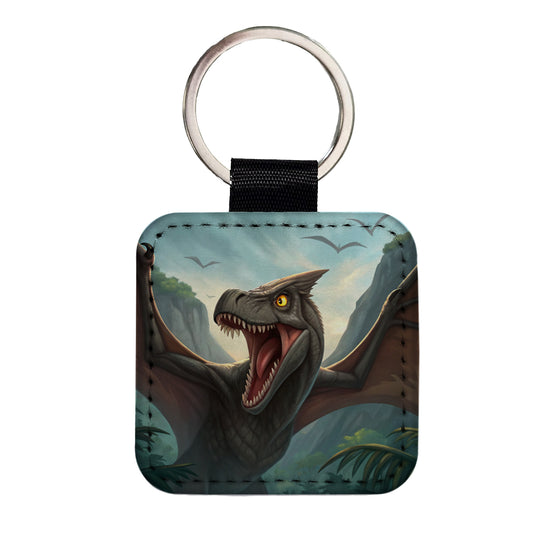 Roaring Pterodactylus Dinosaur Square Faux Leather Keychain