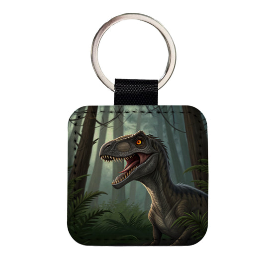 Roaring Raptor Dinosaur Forest Square Faux Leather Keychain