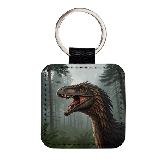 Roaring Raptor Dinosaur Square Faux Leather Keychain