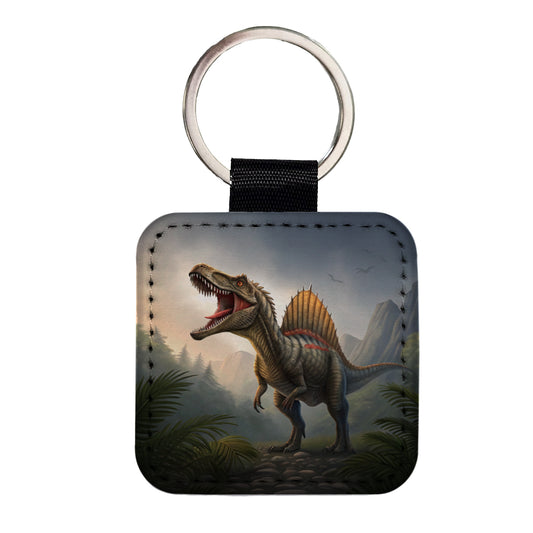 Roaring Spinosaurus Dinosaur Mountains Square Faux Leather Keychain