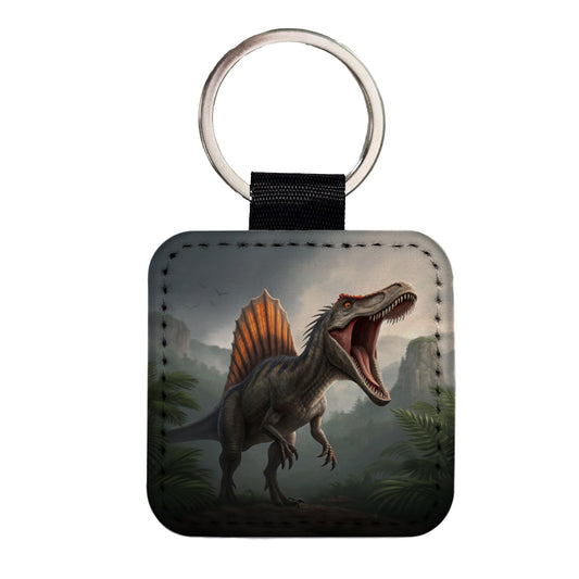 Roaring Spinosaurus Dinosaur Scary Square Faux Leather Keychain