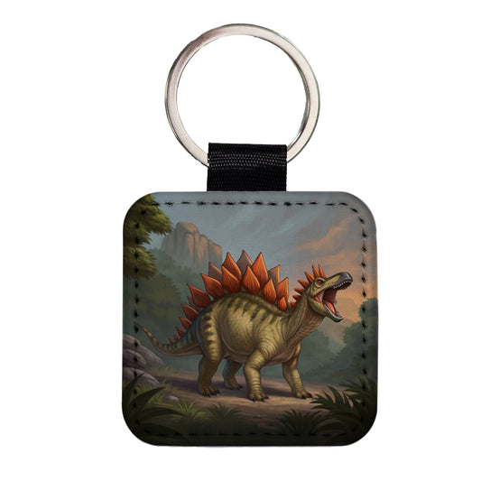 Roaring Stegosaurus Dinosaur Mountain Square Faux Leather Keychain