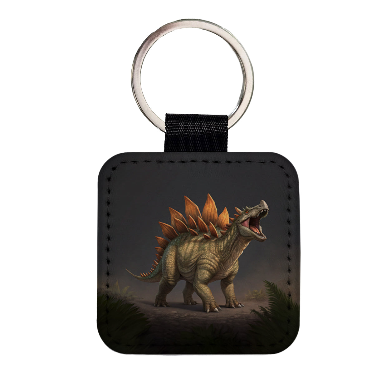 Roaring Stegosaurus Dinosaur Protective Square Faux Leather Keychain