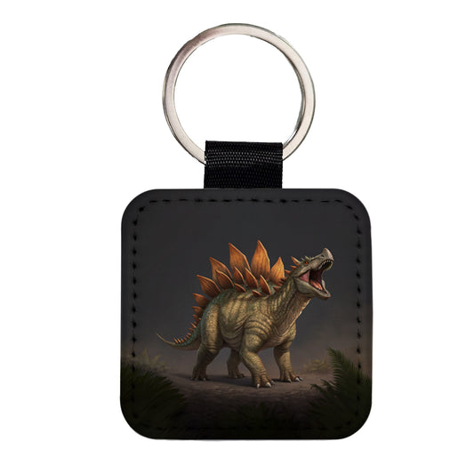 Roaring Stegosaurus Dinosaur Protective Square Faux Leather Keychain
