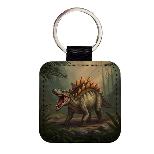 Roaring Stegosaurus Dinosaur Scary Square Faux Leather Keychain