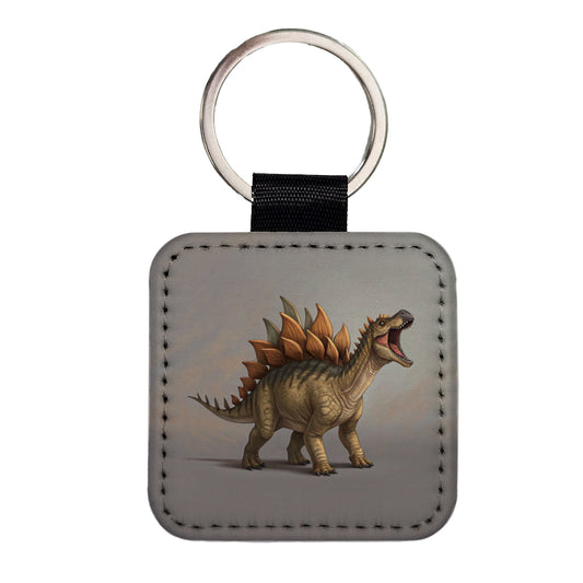 Roaring Stegosaurus Dinosaur Square Faux Leather Keychain