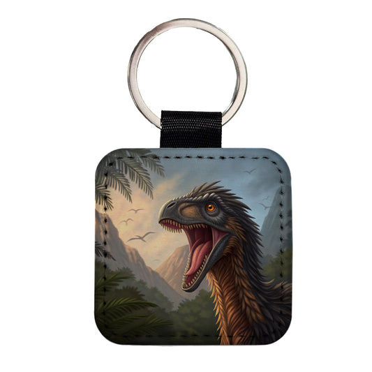 Roaring Therizinosaurus Dinosaur Jungle Square Faux Leather Keychain