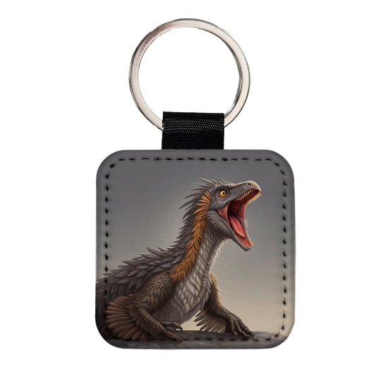 Roaring Therizinosaurus Dinosaur Scary Square Faux Leather Keychain