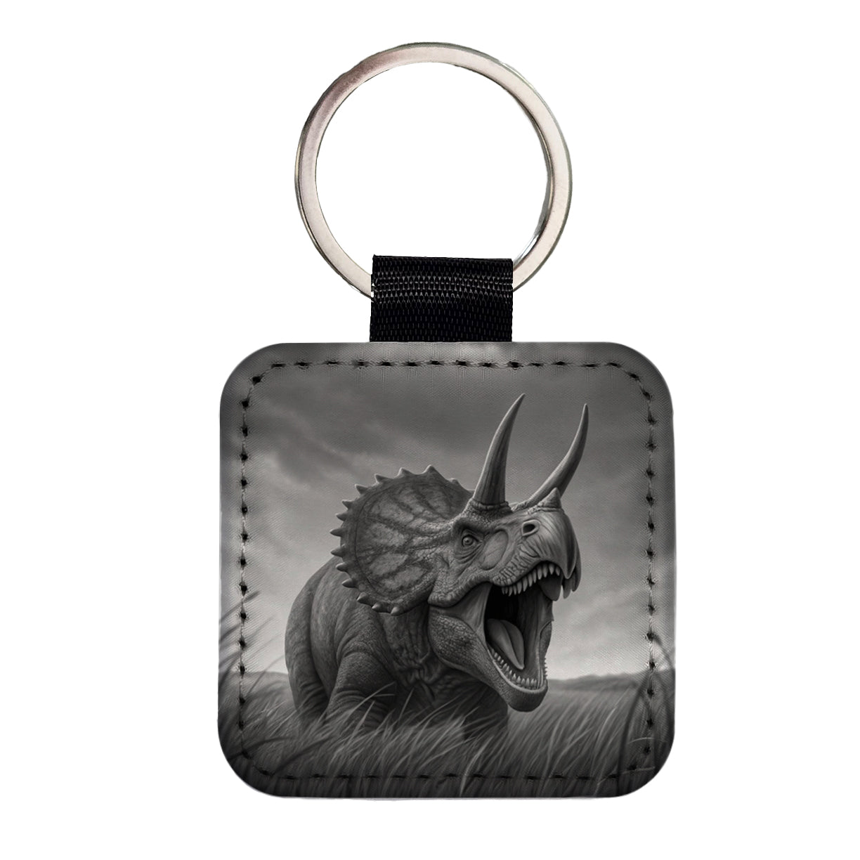 Roaring Triceratops Dinosaur Gray Square Faux Leather Keychain