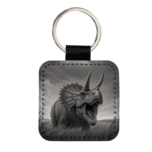 Roaring Triceratops Dinosaur Gray Square Faux Leather Keychain