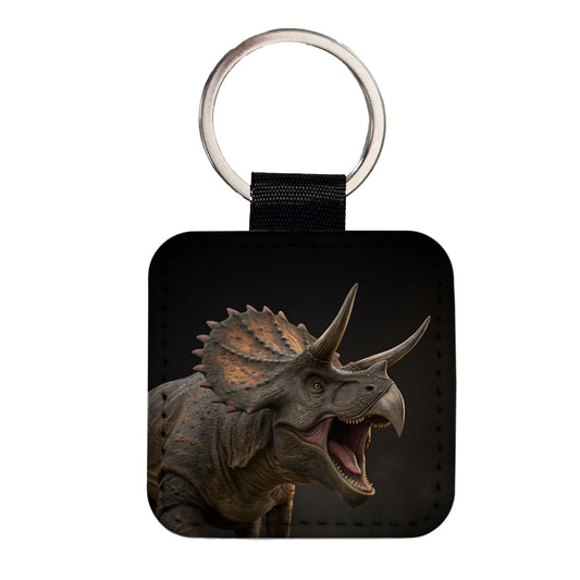 Roaring Triceratops Dinosaur Realistic Square Faux Leather Keychain