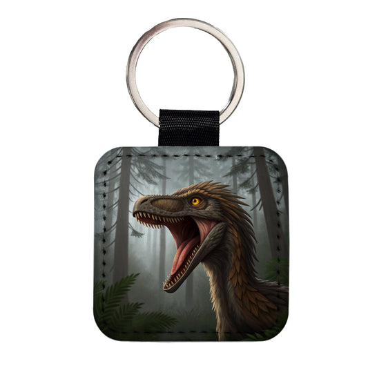 Roaring Troodon Dinosaur Forest Square Faux Leather Keychain