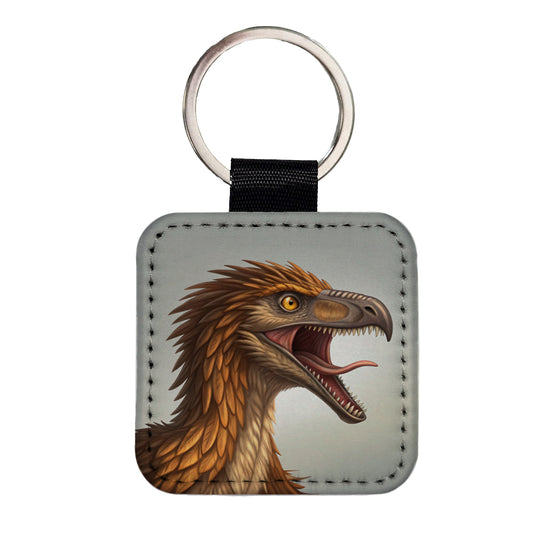 Roaring Troodon Dinosaur Square Faux Leather Keychain