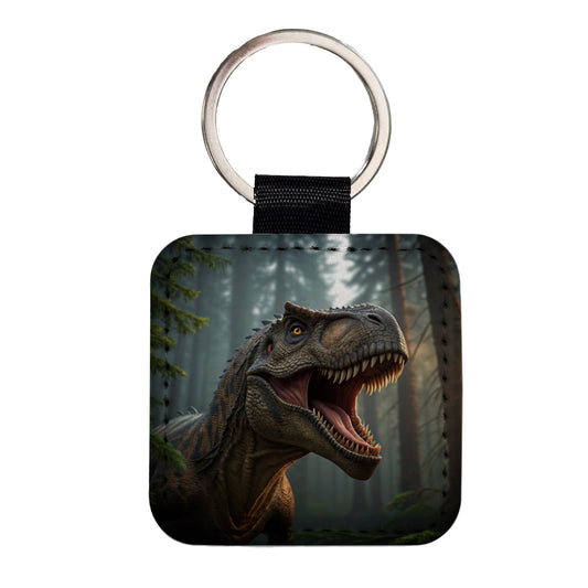 Roaring Tyrannosaurus Rex Dinosaur Scary Square Faux Leather Keychain