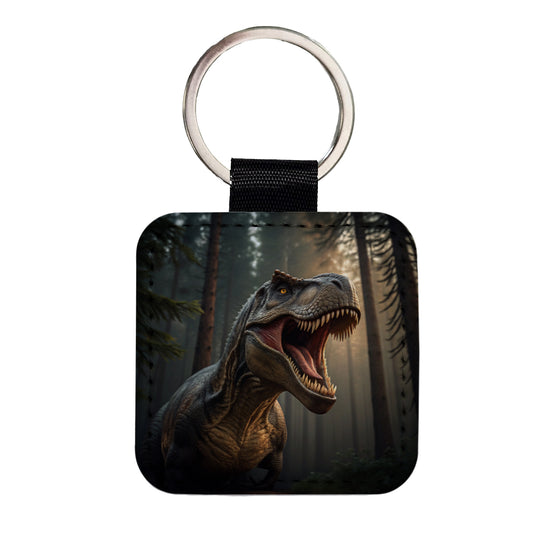 Roaring Tyrannosaurus Rex Dinosaur Square Faux Leather Keychain
