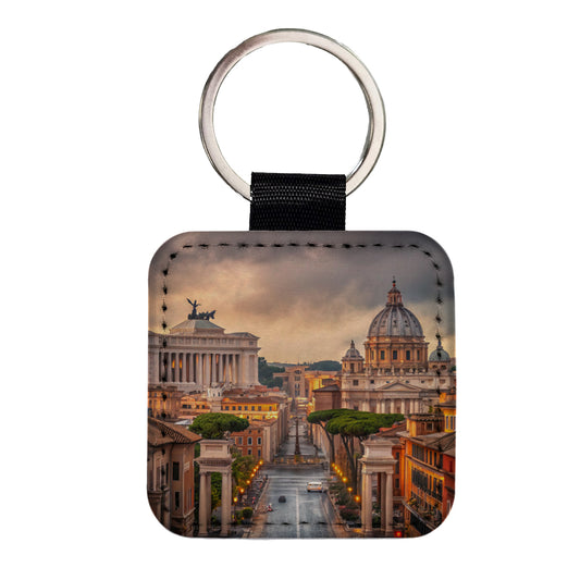 Rome Italy City Beautiful Travel Square Faux Leather Keychain