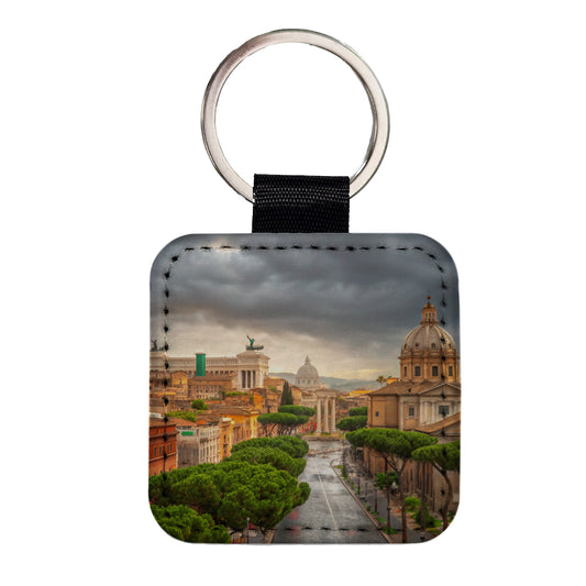 Rome Italy City Travel History Square Faux Leather Keychain
