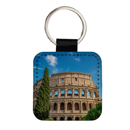 Rome Italy Colosseum Travel History Square Faux Leather Keychain