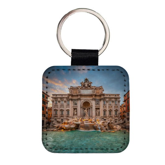 Rome Italy Trevi Fountain Travel History Square Faux Leather Keychain