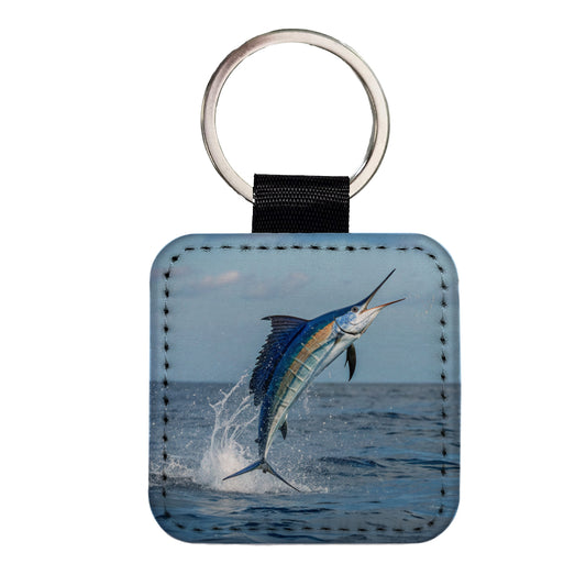 Sailfish Jumping Fishing Square Faux Leather Keychain
