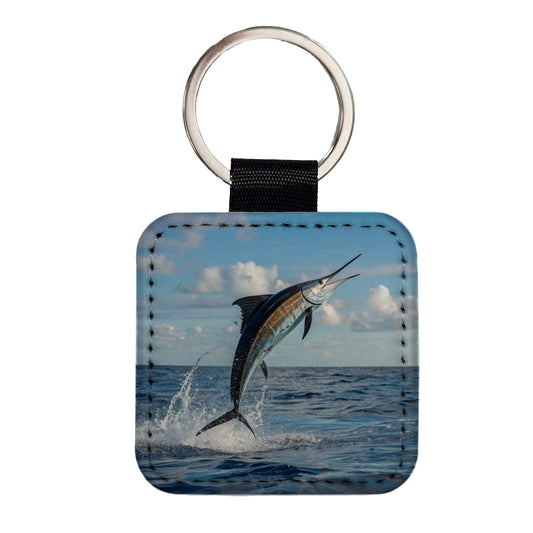 Sailfish Jumping Sea Fishing Square Faux Leather Keychain