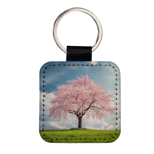 Sakura Cherry Blossom Tree Japan Beautiful Flowers Square Faux Leather Keychain