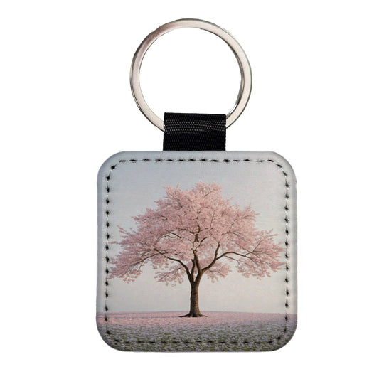 Sakura Cherry Blossom Tree Pink Flower Square Faux Leather Keychain