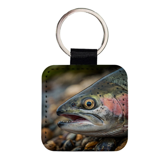 Salmon Fish Eye Close Up Fishing Square Faux Leather Keychain