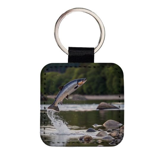 Salmon Fish Jumping Fishing Square Faux Leather Keychain