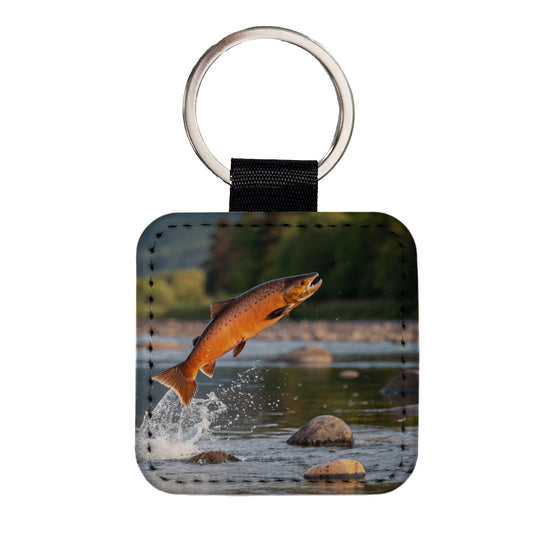 Salmon Fish Jumping River Fishing Square Faux Leather Keychain