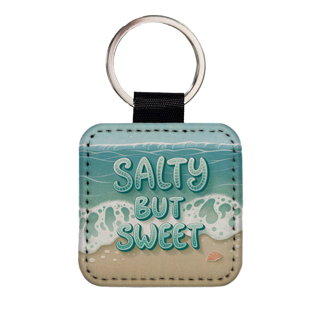 Salty But Sweet Sea Foam Ocean Beach Square Faux Leather Keychain