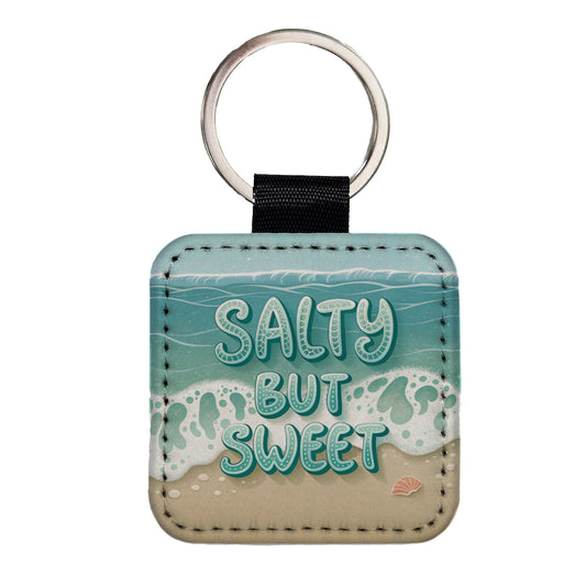 Salty But Sweet Sea Foam Ocean Beach Square Faux Leather Keychain