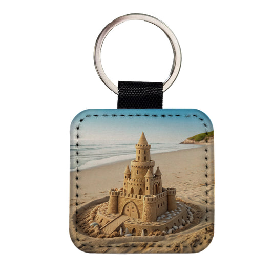 Sandcastle On Beach Cute Square Faux Leather Keychain