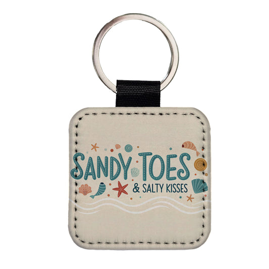 Sandy Toes Salty Kisses Ocean Beach Shells Square Faux Leather Keychain