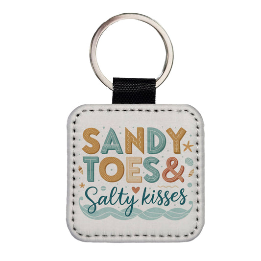 Sandy Toes Salty Kisses Ocean Beach Square Faux Leather Keychain