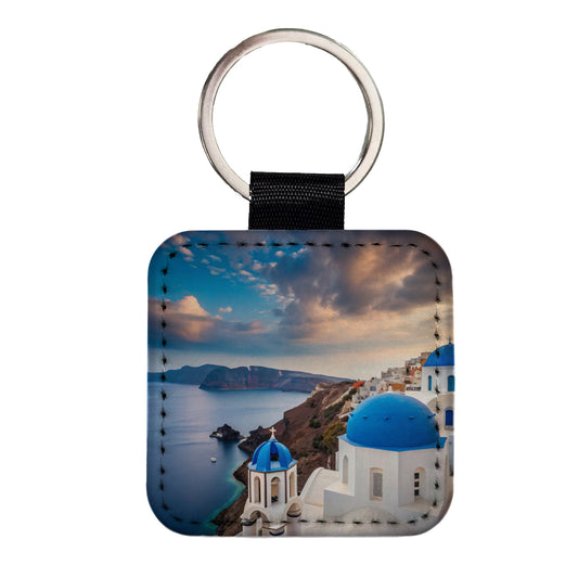 Santorini Greece Travel Beautiful Square Faux Leather Keychain
