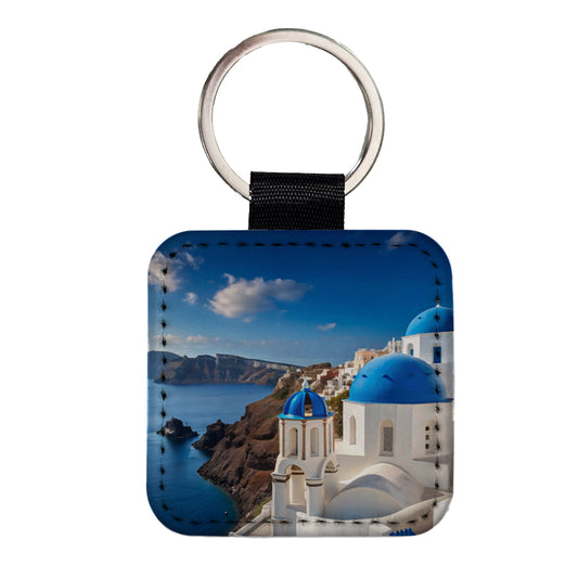 Santorini Greece Travel Stunning Square Faux Leather Keychain