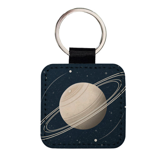 Saturn Planet Rings Space Square Faux Leather Keychain