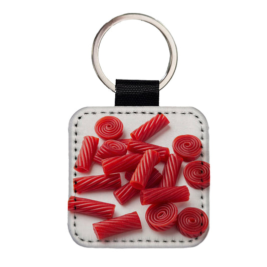 Scattered Red Licorice Square Faux Leather Keychain